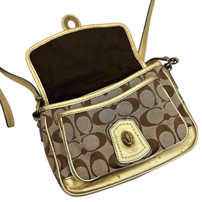 COACH Shoulder Bag Purse Turn Lock Signature Canvas Leather Gold Beige Authentic