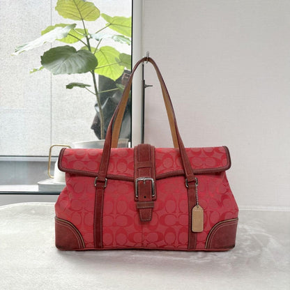 COACH Hand Bag Tote Purse Signature Suede Canvas Leather Red Authentic