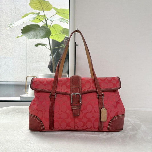 COACH Hand Bag Tote Purse Signature Suede Canvas Leather Red Authentic