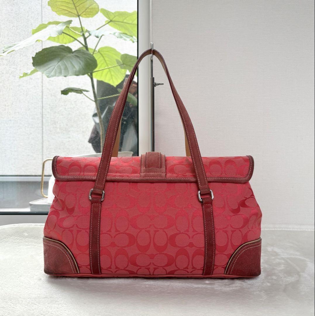 COACH Hand Bag Tote Purse Signature Suede Canvas Leather Red Authentic