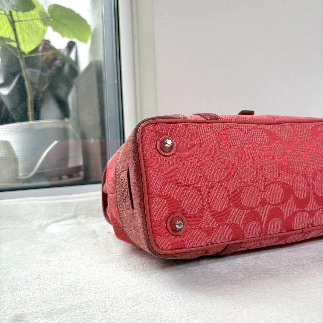 COACH Hand Bag Tote Purse Signature Suede Canvas Leather Red Authentic