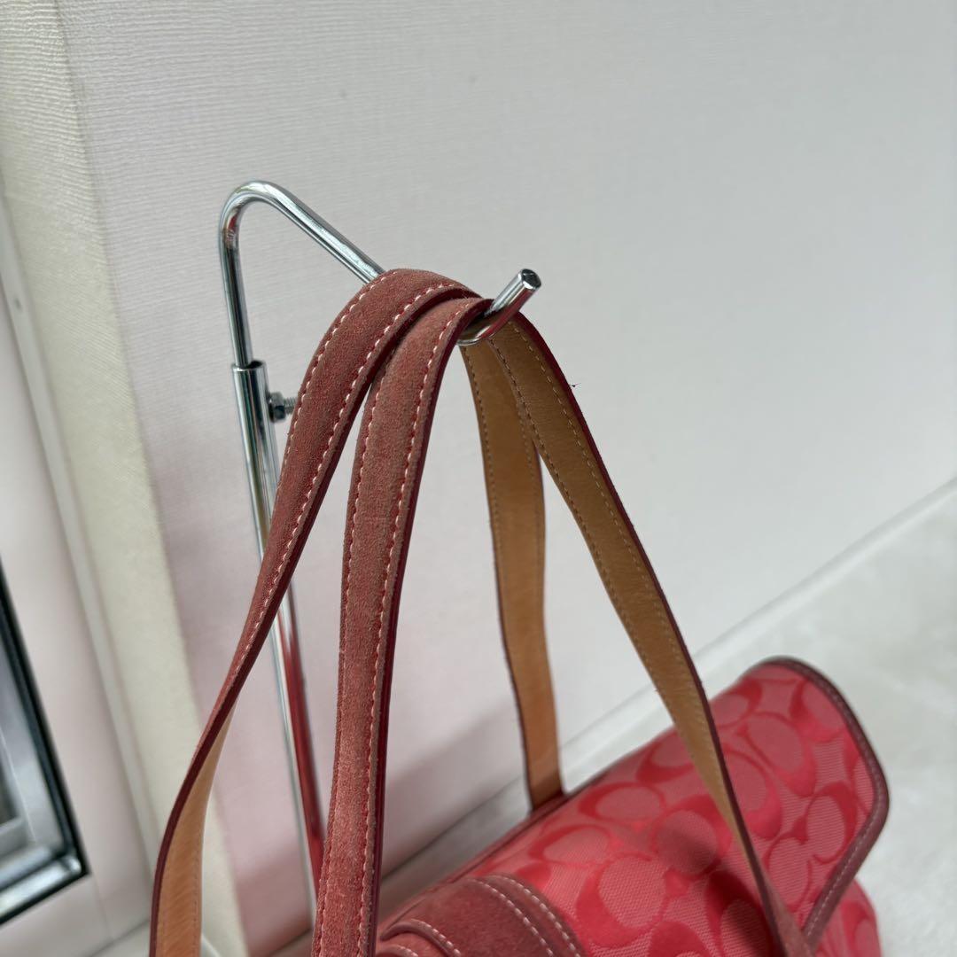 COACH Hand Bag Tote Purse Signature Suede Canvas Leather Red Authentic