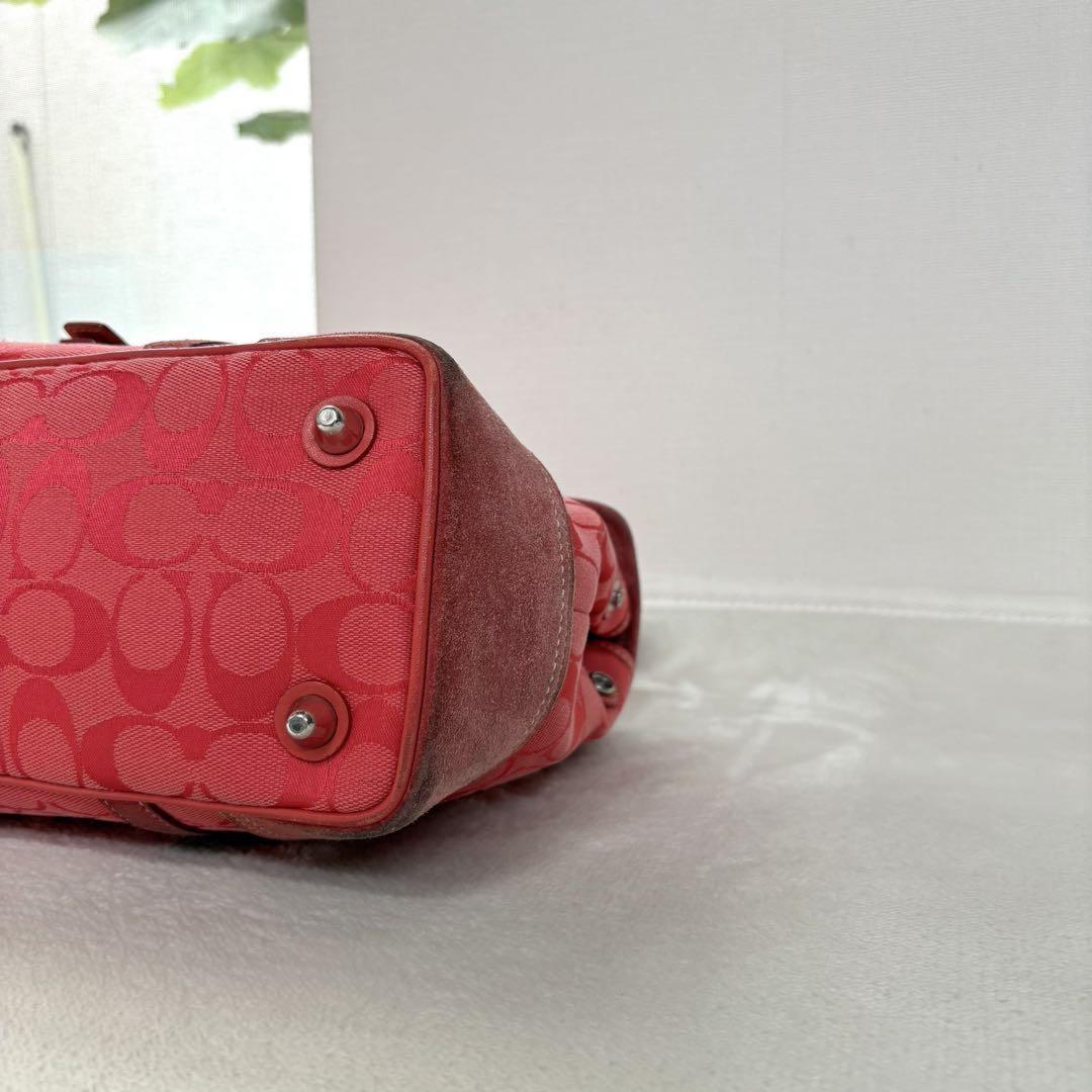 COACH Hand Bag Tote Purse Signature Suede Canvas Leather Red Authentic