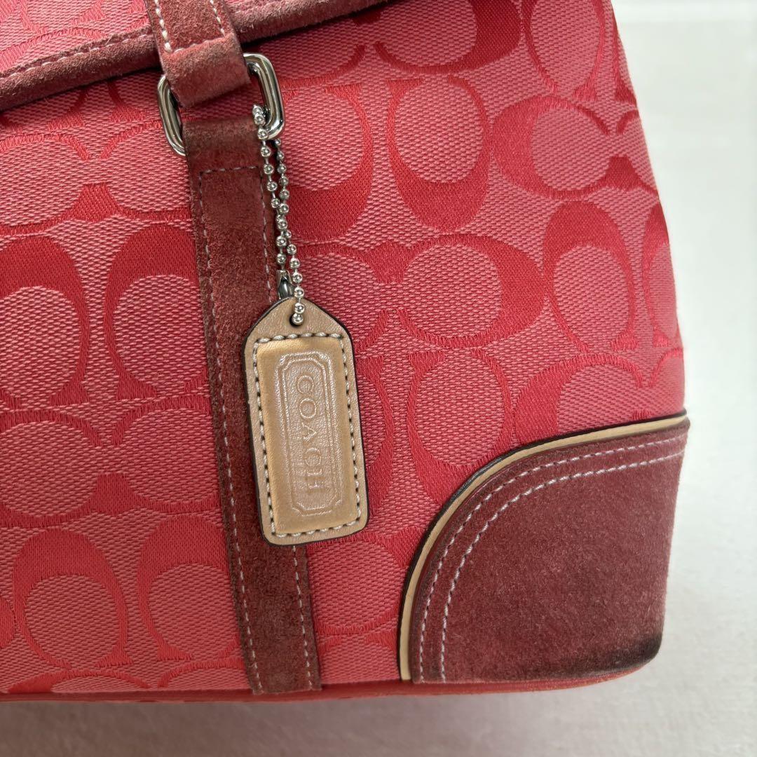 COACH Hand Bag Tote Purse Signature Suede Canvas Leather Red Authentic
