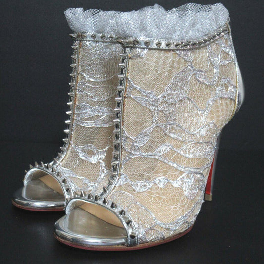 Christian Louboutin HENRIETTA Short Boots Shoes EU 35.5 US 5.5 Silver Authentic