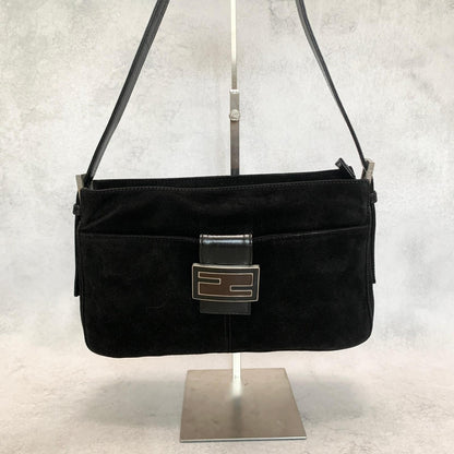 FENDI MammaBaguette Shoulder Bag FF Purse Suede Leather Black Silver Used Auth