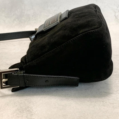 FENDI MammaBaguette Shoulder Bag FF Purse Suede Leather Black Silver Used Auth