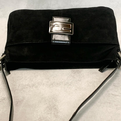 FENDI MammaBaguette Shoulder Bag FF Purse Suede Leather Black Silver Used Auth