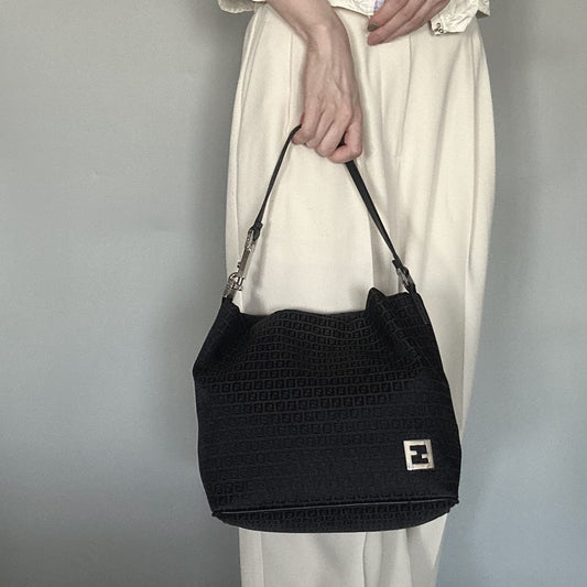 FENDI Handbag FF Zucchino Shoulder Bag Purse Canvas Leather Black Used Authentic