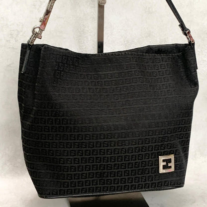 FENDI Handbag FF Zucchino Shoulder Bag Purse Canvas Leather Black Used Authentic