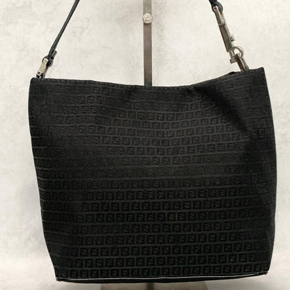 FENDI Handbag FF Zucchino Shoulder Bag Purse Canvas Leather Black Used Authentic