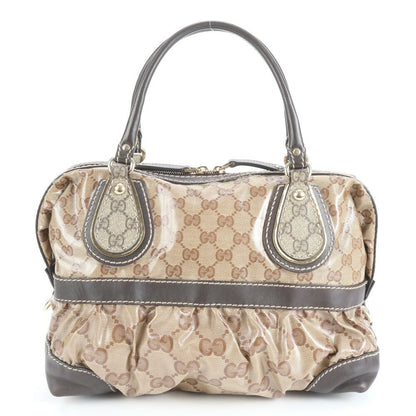 GUCCI Mini Boston Hand Bag Tote Purse GG Coated Canvas Leather Brown Authentic