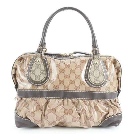 GUCCI Mini Boston Hand Bag Tote Purse GG Coated Canvas Leather Brown Authentic