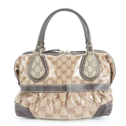GUCCI Mini Boston Hand Bag Tote Purse GG Coated Canvas Leather Brown Authentic