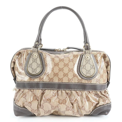 GUCCI Mini Boston Hand Bag Tote Purse GG Coated Canvas Leather Brown Authentic