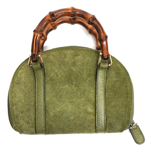 GUCCI Mini Hand Shoulder Bag Tote Purse Bamboo Leather Khaki Green Authentic