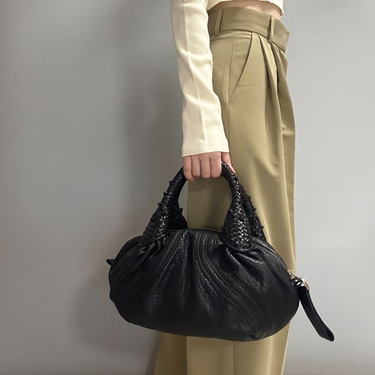 FENDI Spy Handbag Y2K Zucca Canvas Leather Purse Tote Black Gold Auth AP41008