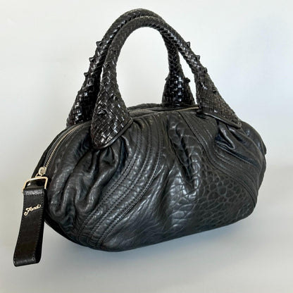 FENDI Spy Handbag Y2K Zucca Canvas Leather Purse Tote Black Gold Auth AP41008