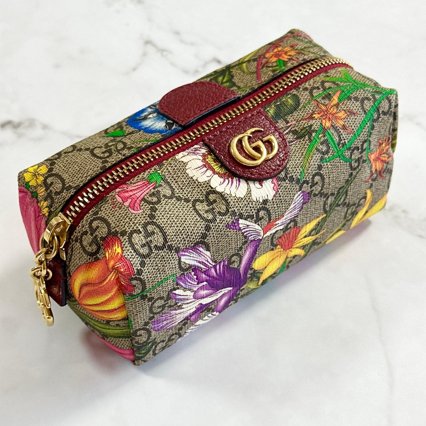 GUCCI Flora Cosmetic Pouch Purse GG Supreme Marmont Charm Beige Leather Auth