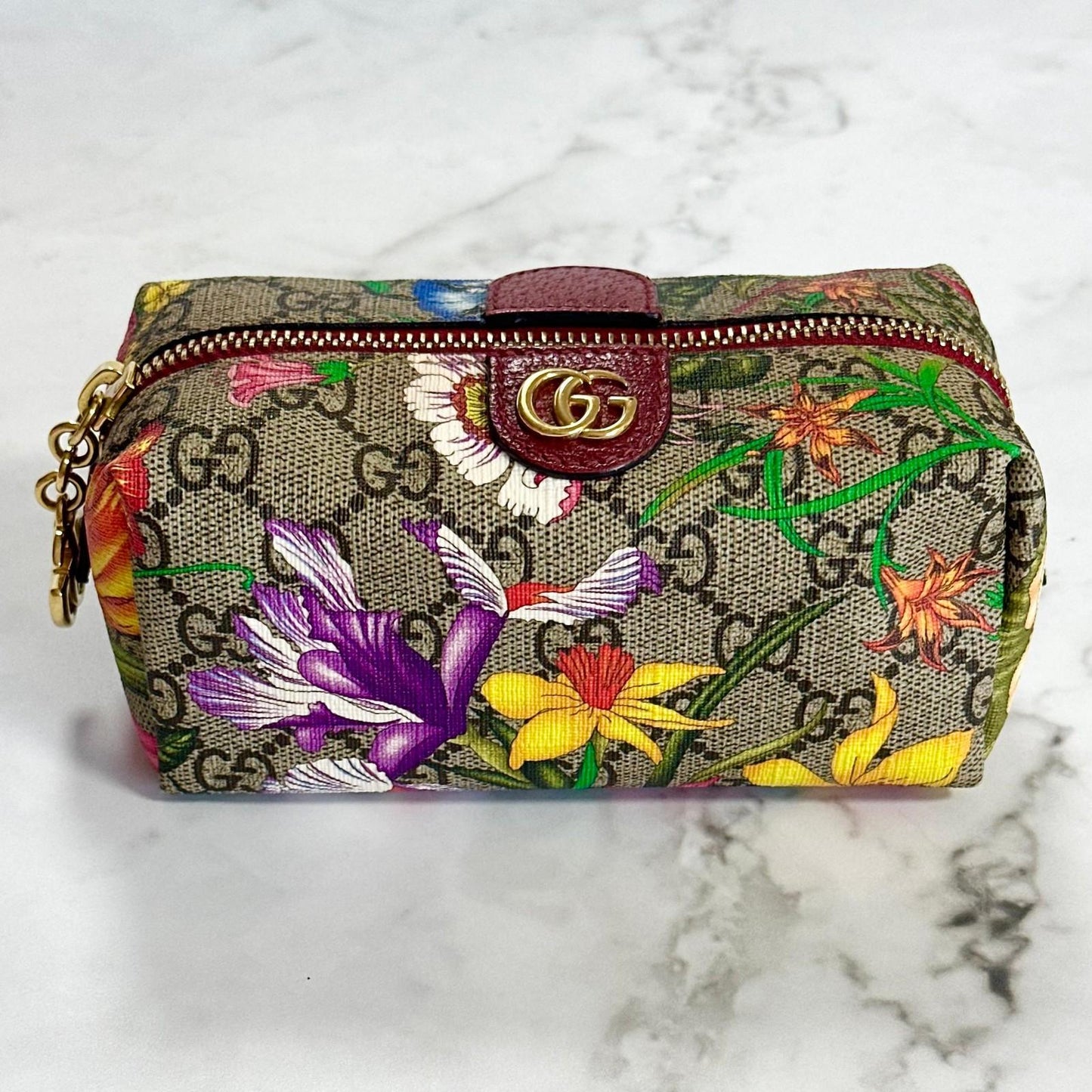 GUCCI Flora Cosmetic Pouch Purse GG Supreme Marmont Charm Beige Leather Auth