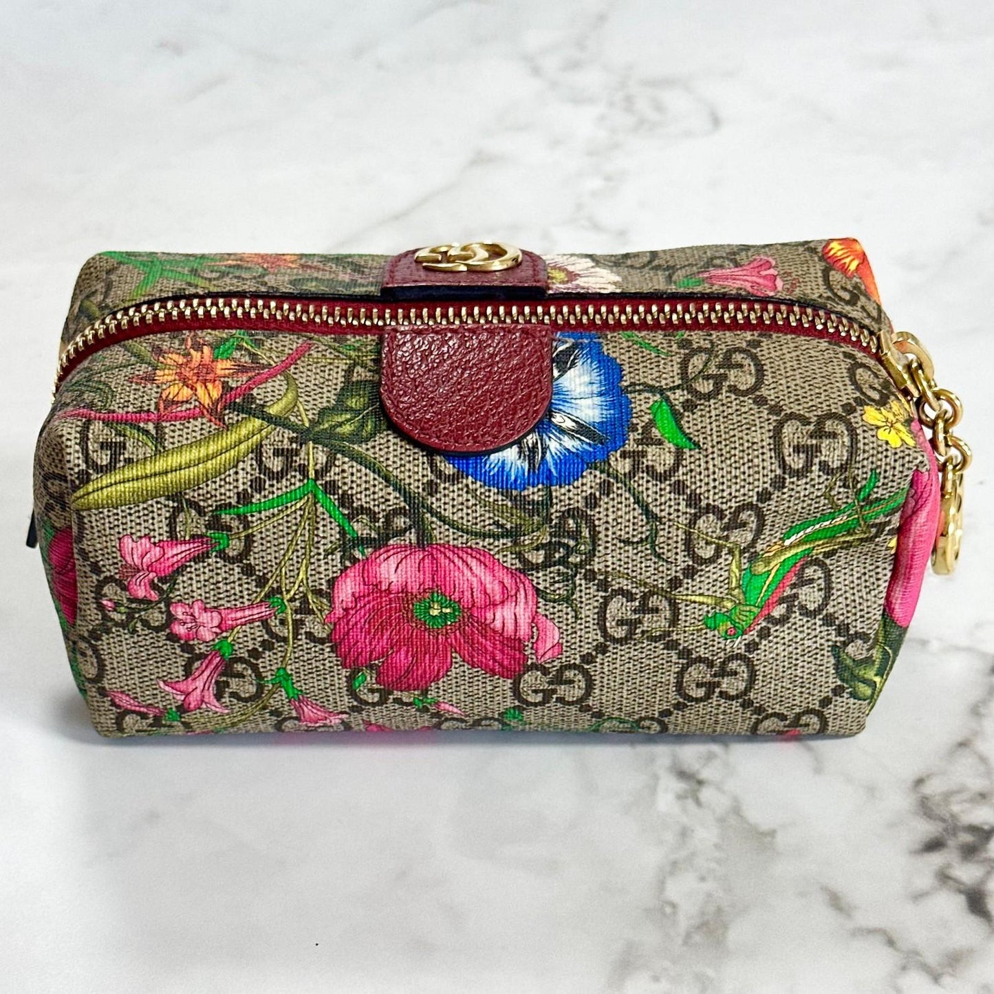 GUCCI Flora Cosmetic Pouch Purse GG Supreme Marmont Charm Beige Leather Auth
