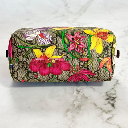 GUCCI Flora Cosmetic Pouch Purse GG Supreme Marmont Charm Beige Leather Auth