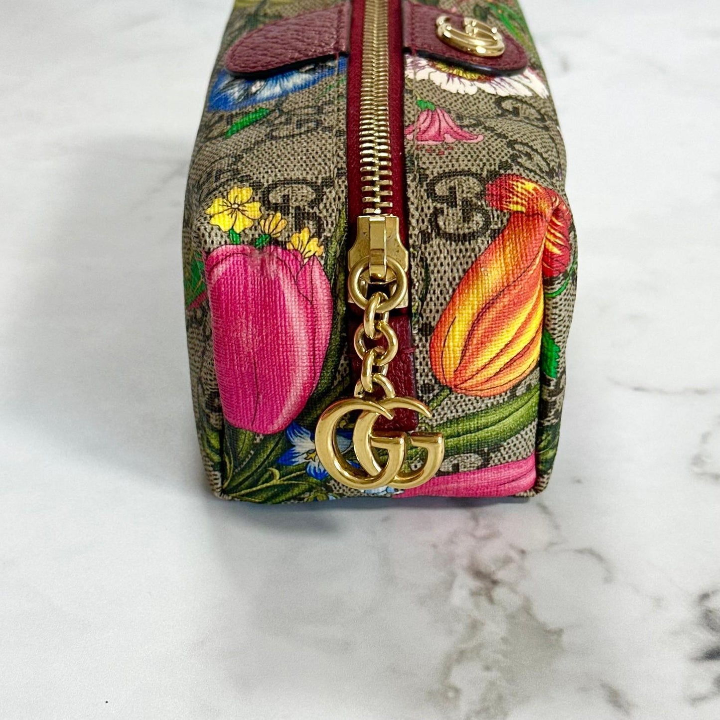 GUCCI Flora Cosmetic Pouch Purse GG Supreme Marmont Charm Beige Leather Auth