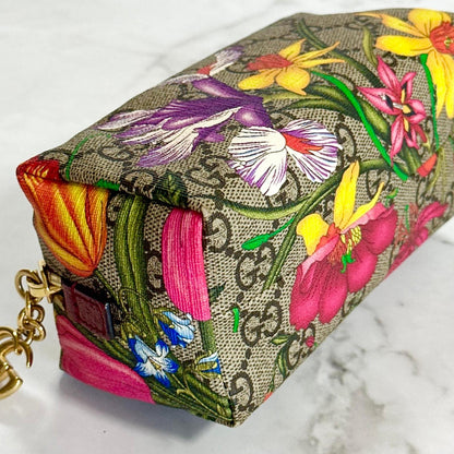 GUCCI Flora Cosmetic Pouch Purse GG Supreme Marmont Charm Beige Leather Auth