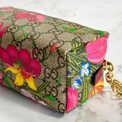 GUCCI Flora Cosmetic Pouch Purse GG Supreme Marmont Charm Beige Leather Auth
