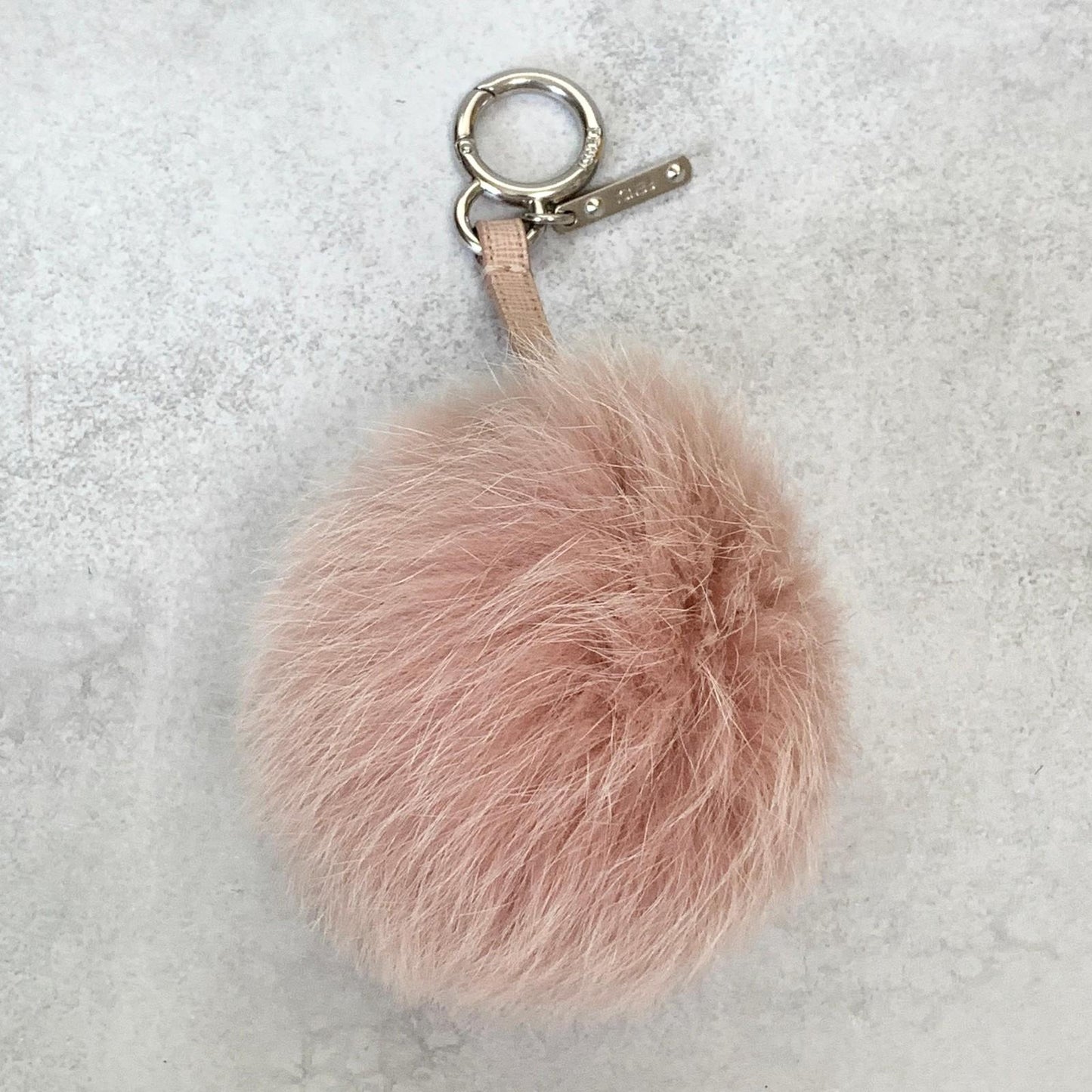 FENDI Bag Charm Logo Key Holder Strap Leather Fur Pink Silver Used Authentic
