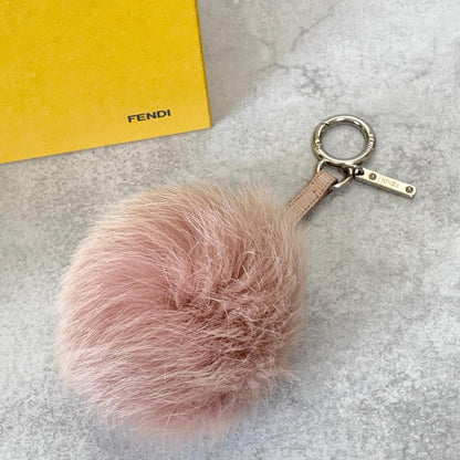 FENDI Bag Charm Logo Key Holder Strap Leather Fur Pink Silver Used Authentic