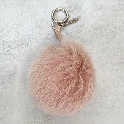FENDI Bag Charm Logo Key Holder Strap Leather Fur Pink Silver Used Authentic