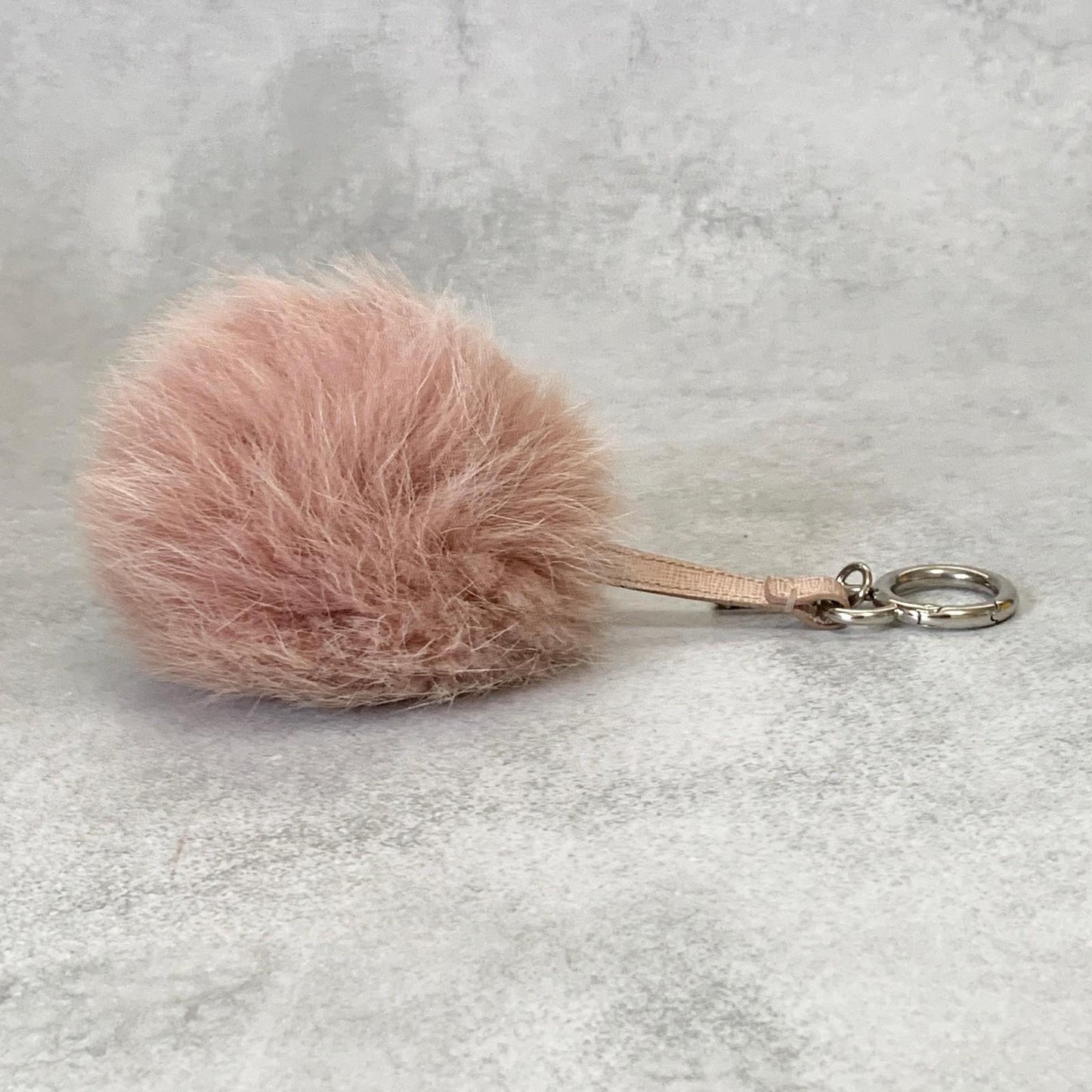 FENDI Bag Charm Logo Key Holder Strap Leather Fur Pink Silver Used Authentic