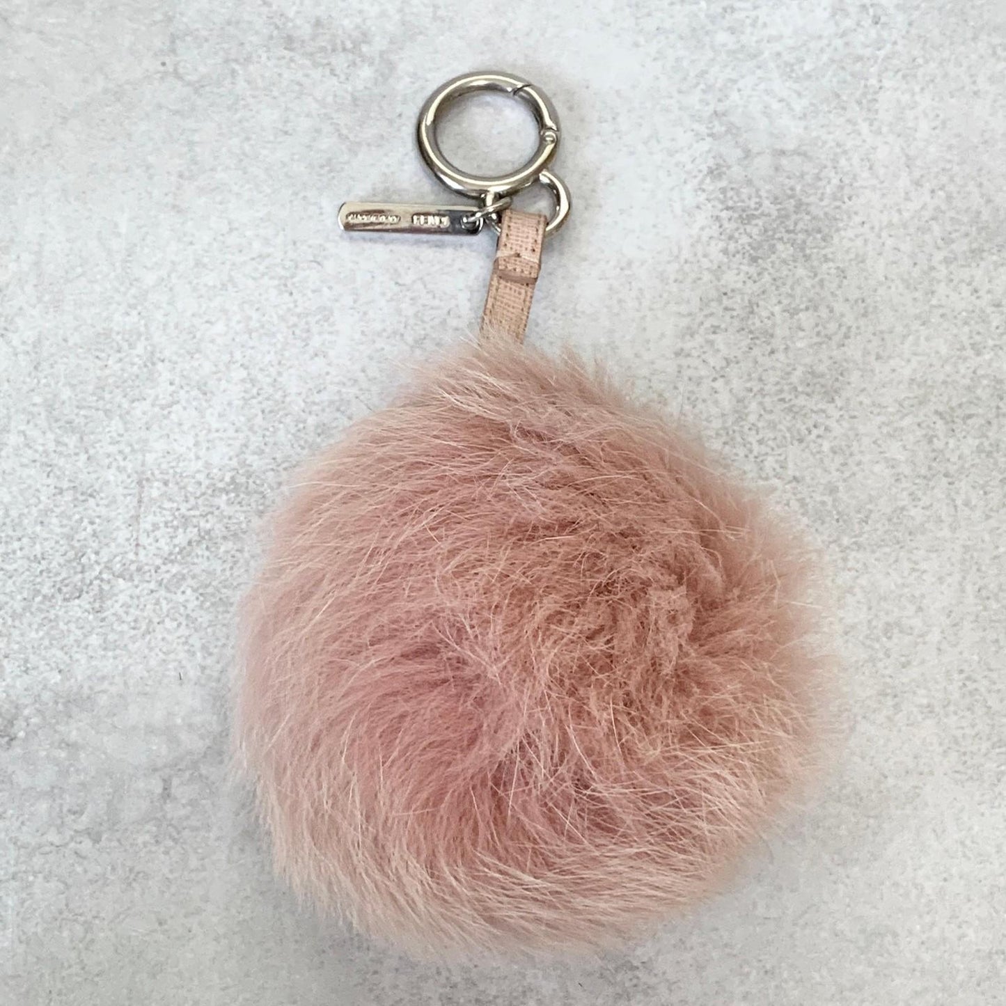 FENDI Bag Charm Logo Key Holder Strap Leather Fur Pink Silver Used Authentic