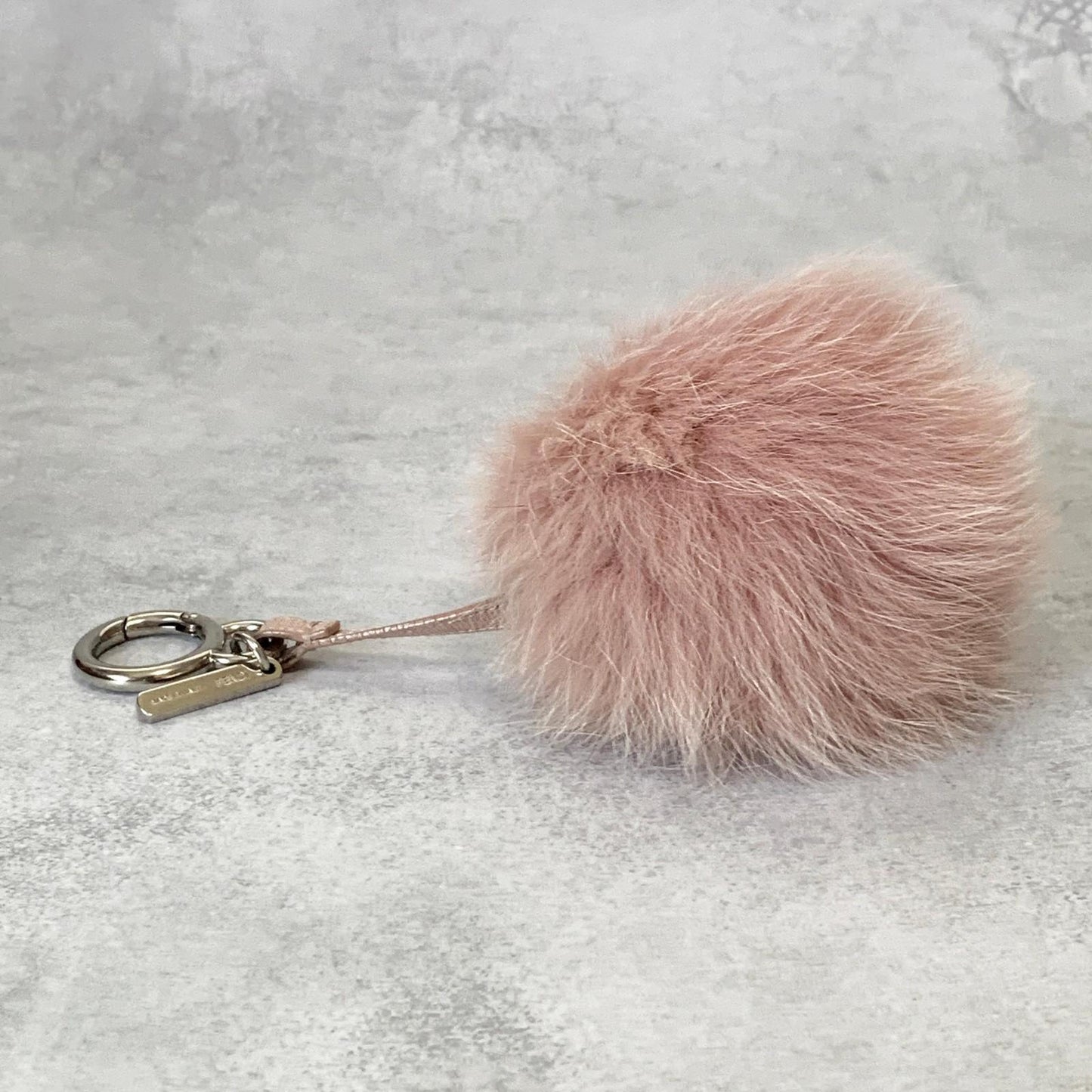 FENDI Bag Charm Logo Key Holder Strap Leather Fur Pink Silver Used Authentic