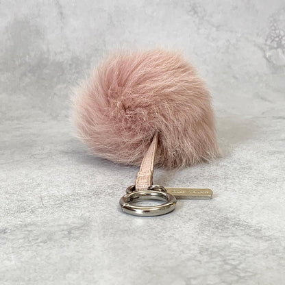 FENDI Bag Charm Logo Key Holder Strap Leather Fur Pink Silver Used Authentic