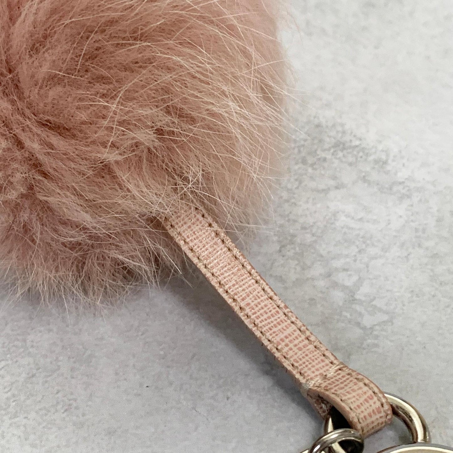 FENDI Bag Charm Logo Key Holder Strap Leather Fur Pink Silver Used Authentic