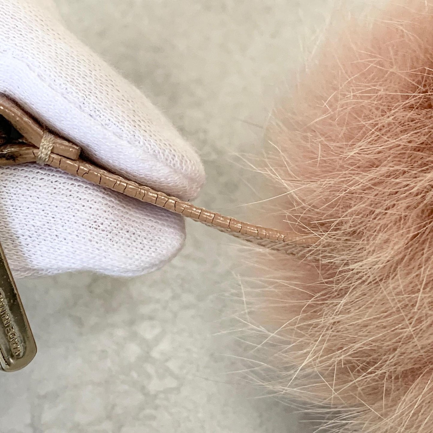 FENDI Bag Charm Logo Key Holder Strap Leather Fur Pink Silver Used Authentic