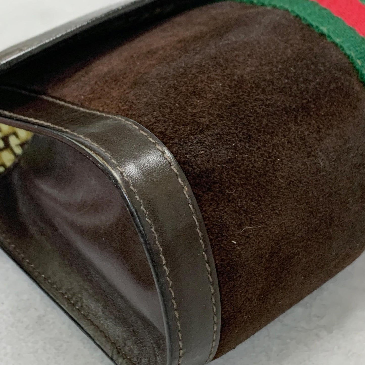 GUCCI Bag Sherry Line GG Clutch Purse Hand Suede Brown Gold Used Authentic