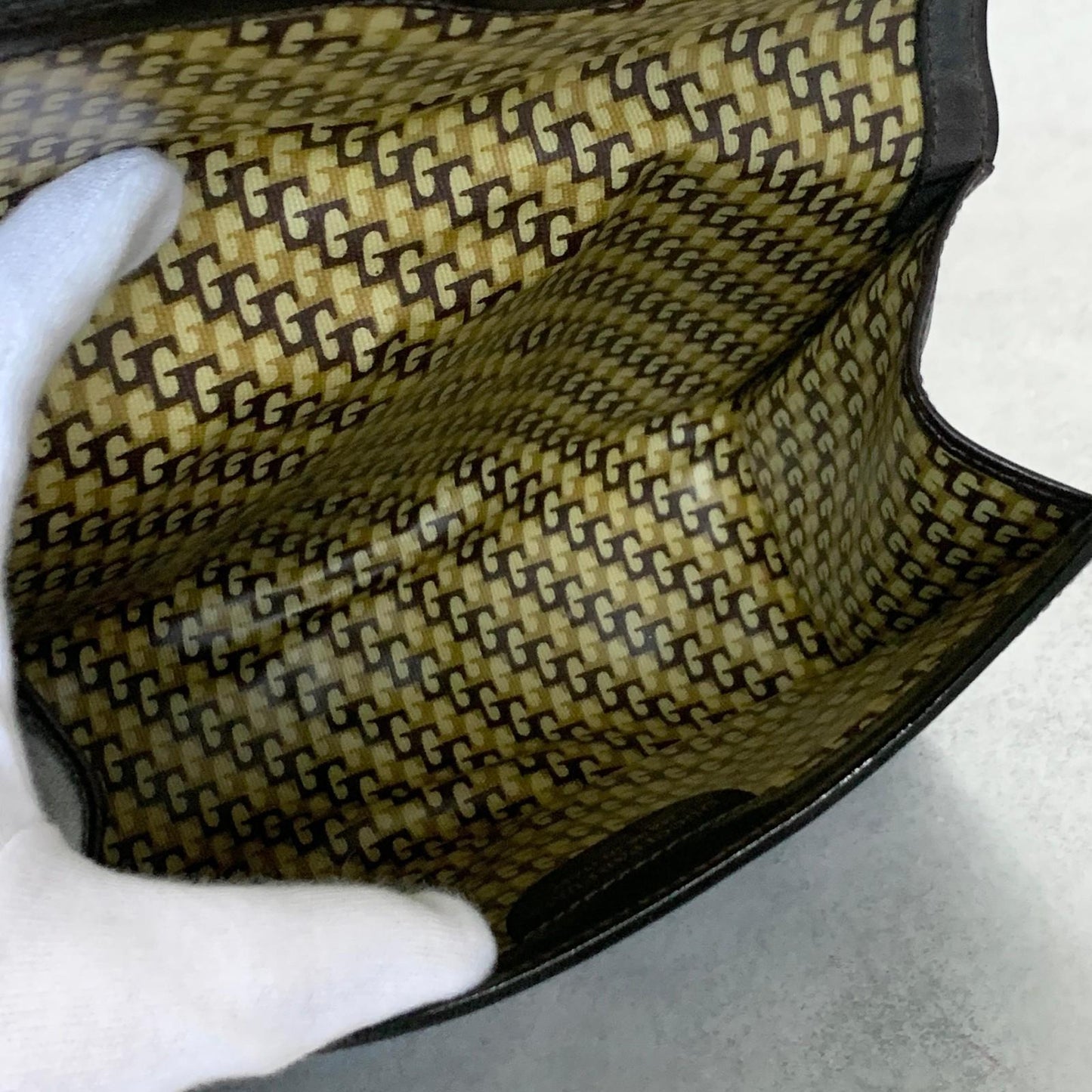 GUCCI Bag Sherry Line GG Clutch Purse Hand Suede Brown Gold Used Authentic