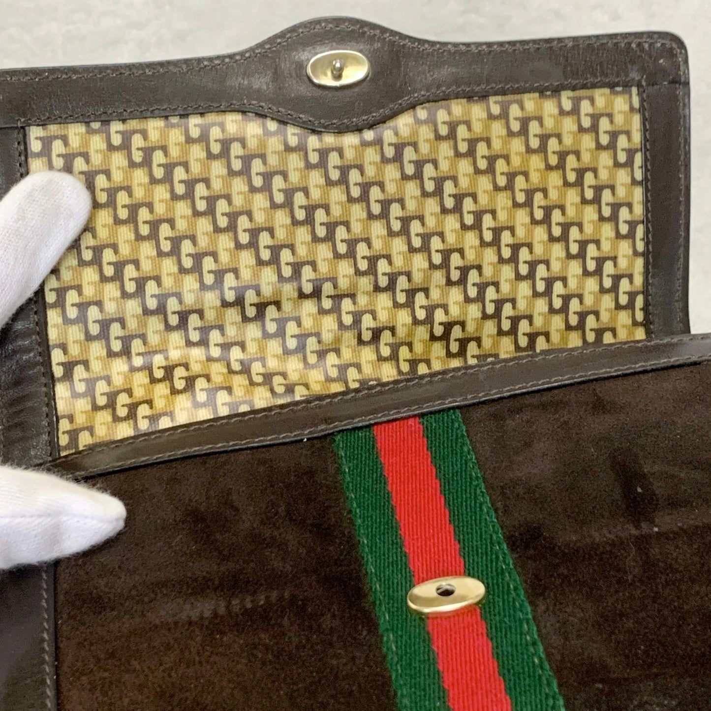 GUCCI Bag Sherry Line GG Clutch Purse Hand Suede Brown Gold Used Authentic