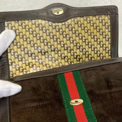 GUCCI Bag Sherry Line GG Clutch Purse Hand Suede Brown Gold Used Authentic