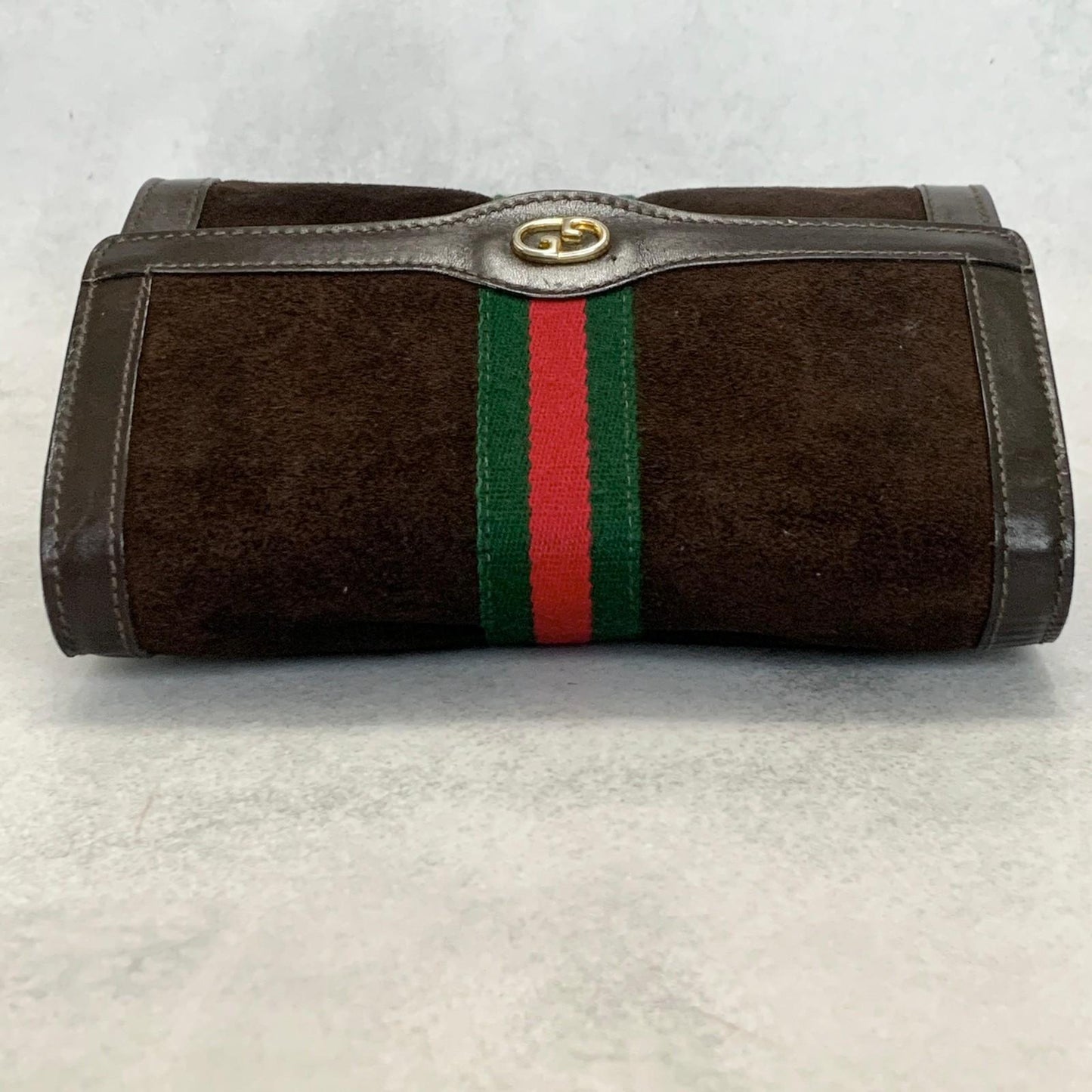 GUCCI Bag Sherry Line GG Clutch Purse Hand Suede Brown Gold Used Authentic