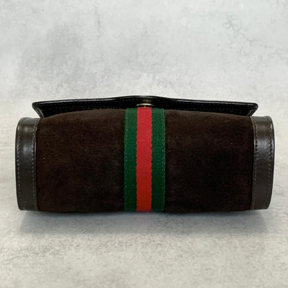 GUCCI Bag Sherry Line GG Clutch Purse Hand Suede Brown Gold Used Authentic