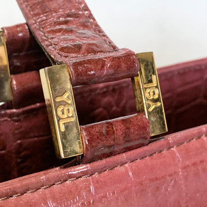 Yves Saint Laurent Hand Bag Logo Tote Purse Leather Red Gold Used Authentic