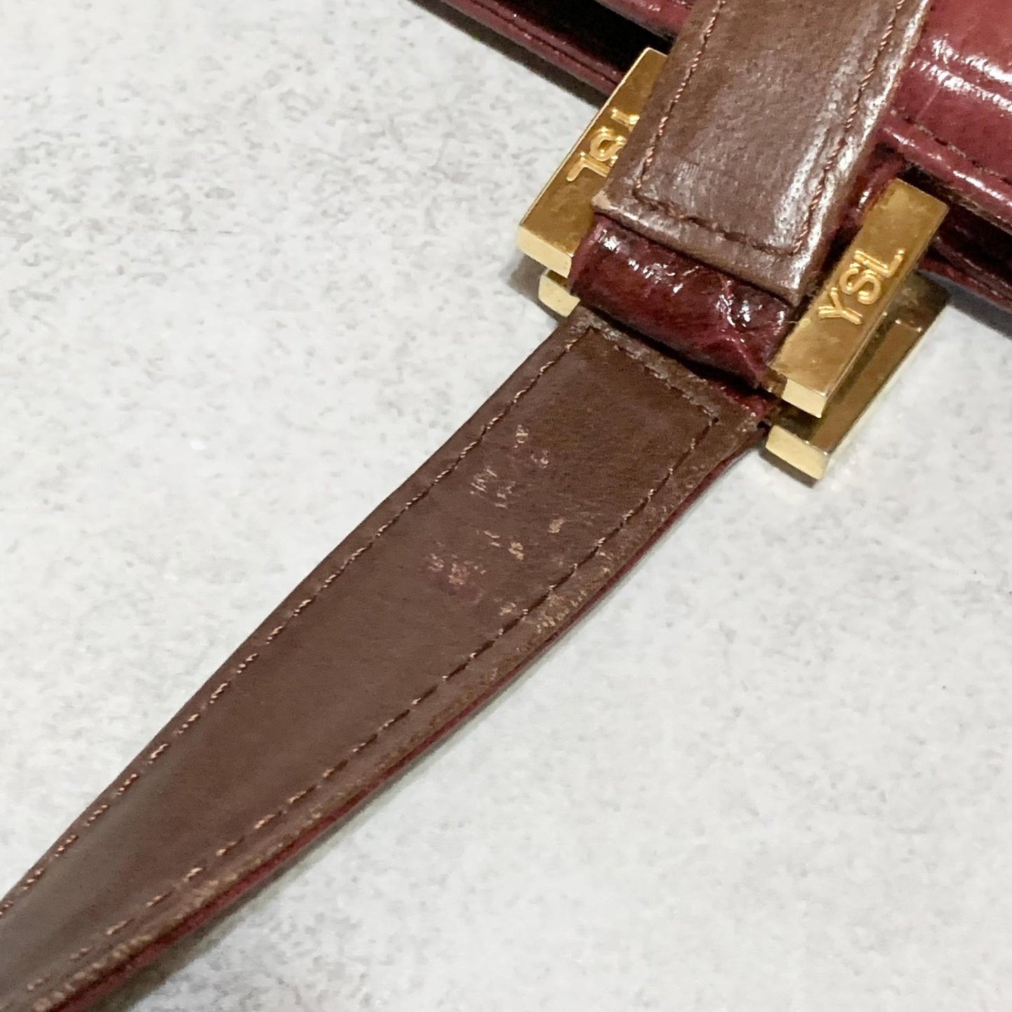 Yves Saint Laurent Hand Bag Logo Tote Purse Leather Red Gold Used Authentic