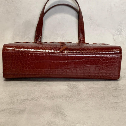 Yves Saint Laurent Hand Bag Logo Tote Purse Leather Red Gold Used Authentic