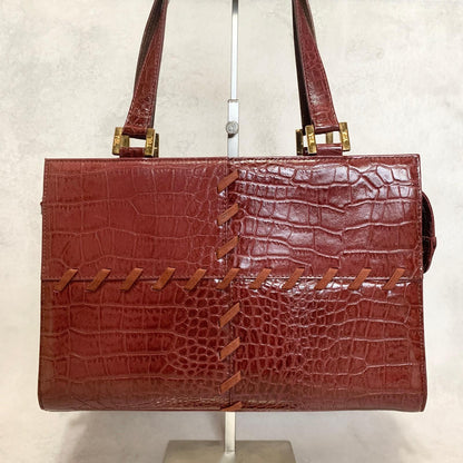 Yves Saint Laurent Hand Bag Logo Tote Purse Leather Red Gold Used Authentic