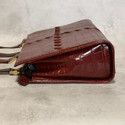 Yves Saint Laurent Hand Bag Logo Tote Purse Leather Red Gold Used Authentic