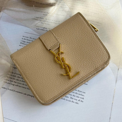 Saint Laurent YSL Wallet Cassandra Bi-fold Compact Leather Beige Gold Authentic